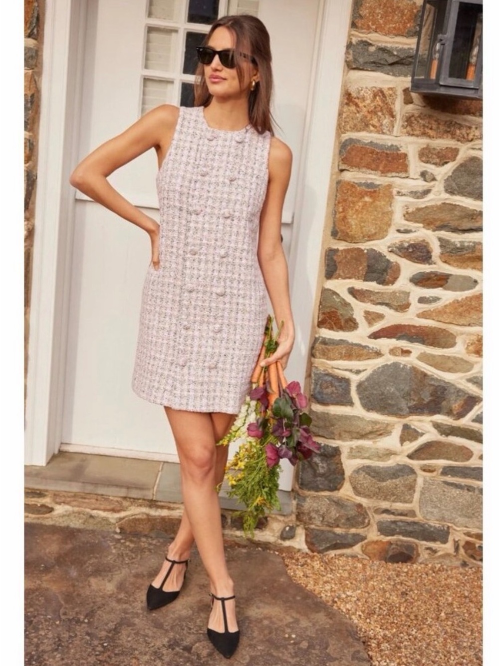 Tnuck Pomander Place Bianca Pink and White Tweed Double-Button Mini Dress